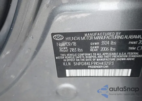 2019 Hyundai Elantra Sel z USA, uszkodzony, nr VIN 5NPD84LF9KH432173